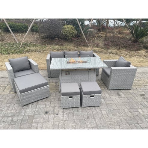 Fimous Light Grey Rattan Fire Pit Garden Furniture Set Gas Heater Burner Chairs With 3 PC Stools