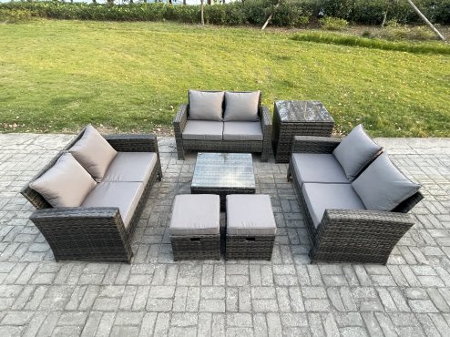 Fimous 7 PCS Outdoor Lounge Sofa Set Wicker PE Rattan Garden Furniture Set with Square Coffee Table Double Seat Sofa Side Table 2 Small Footstools Dark Grey Mixed