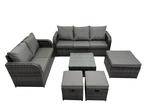 Fimous Wicker PE Rattan Garden Outdoor Furniture Set Love Sofa Square Coffee Table Set with 3 Stools Dark Grey Mixed