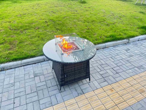 Fimous 5-Piece PE Rattan Garden Furniture with Medium Round Gas Firepit Table and 4 Chairs for Patio Dark Grey Mixed