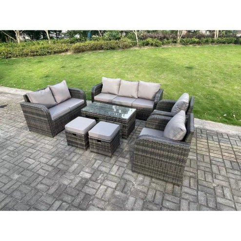 Fimous 9 Seater Dark Grey PE Wicker Rattan Garden Furniture Set Reclining Chair Love Seat 3 Seater Sofa Set Outdoor Rectangular Coffee Table Stools