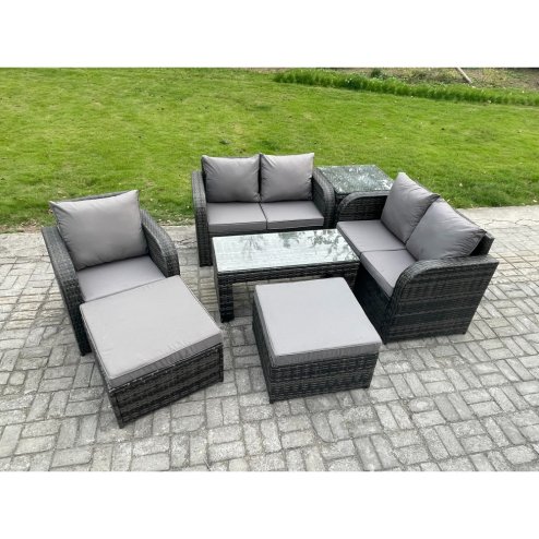 Fimous 7 Pcs Rattan Outdoor Garden Furniture Sofa Set Patio Table & Chairs Set with Side Table 2 Big Footstool Dark Grey Mixed