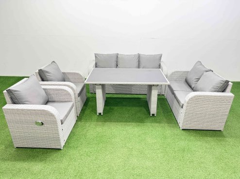 Fimous 7 Seater Garden Furniture Set PE Ratten Garden Sofa Set with Rectangular Dining Table Light Grey