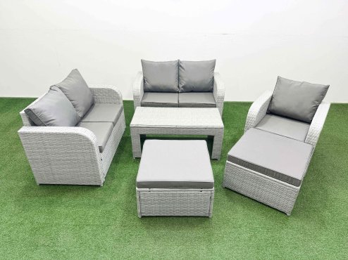 Fimous High Back Poly Rattan Garden Furniture Set with Reclining Chair Loveseat Sofa Oblong Coffee Table Indoor Outdoor Patio Set 2 Big Stool Light Grey Image