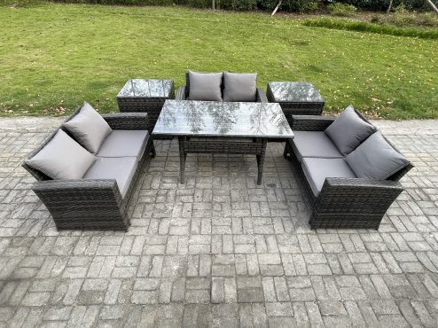 Fimous 6 Seater Wicker PE Rattan Garden Furniture Sets Outdoor Lounge Sofa Set with Oblong Dining Table Double Seat Sofa 2 Side Tables Dark Grey Mixed