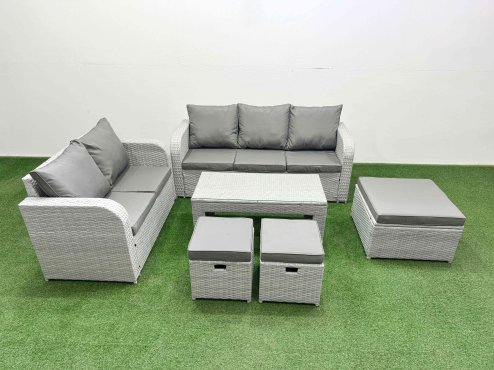 Fimous 8 Seater PE Rattan Wicker Garden Furniture Patio Conservatory Sofa Set with Oblong Coffee Table 3 Seater Sofa Love Sofa 3 Stool Image