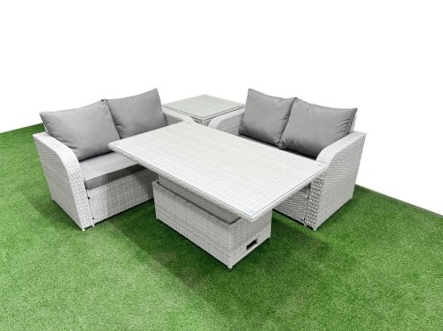 Fimous 4 Seater Outdoor Love Sofa Set Rattan Garden Furniture Set with Adjustable Lifting Dining or Coffee Table Side Table Light Grey