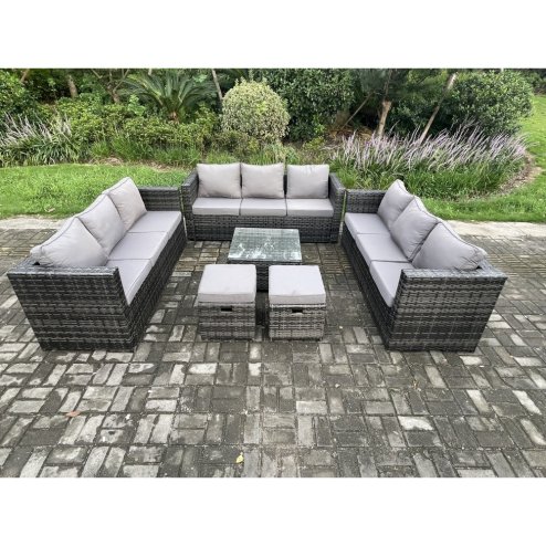 Fimous Outdoor Rattan Garden Furniture Set 11 Seater Patio Lounge Sofa Set with Square Coffee Table 2 Small Footstool Dark Grey Mixed