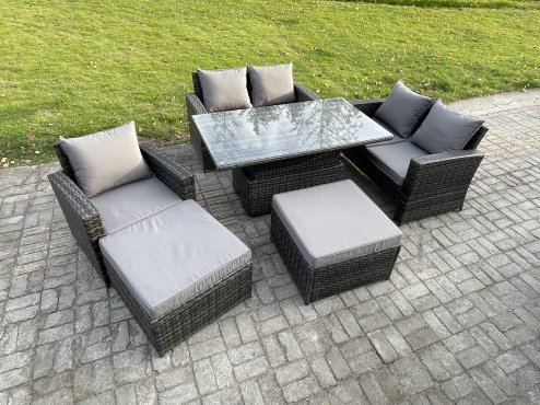 Fimous 7 Seater Wicker Rattan Garden Furniture Rising Table Set with 2 Big Footstool Double Seat Sofa Armchairs Dark Grey Mixed