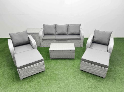 Fimous PE Rattan Garden Furniture Set Reclining Chair Sofa Lounge Sofa Set Oblong Coffee Table Side Table 2 Big Footstool Light Grey