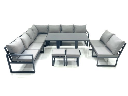 Fimous 11 Seater Outdoor Aluminum Garden Furniture Set Corner Sofa 2 Small Footstools Rising Lifting Dining Table Sets Dark Grey Image