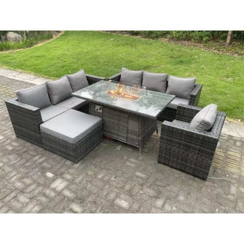 Fimous Outdoor Rattan Garden Furniture Sofa Set Gas Fire Pit Dining Table Gas Heater Burner With Armchair Big Footstool 8 Seater Dark Grey Mixed