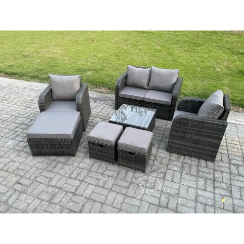 Fimous Rattan Garden Furniture Set Patio Conservatory Indoor Outdoor 7 Piece Set with Love Sofa Square Coffee Table 3 Footstools