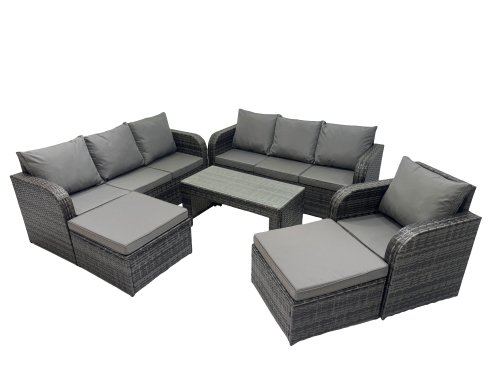 Fimous Rattan Garden Outdoor Furniture Set 3 Seater Sofa Reclining Chair Coffee Table with 2 Big Footstools Dark Grey Mixed