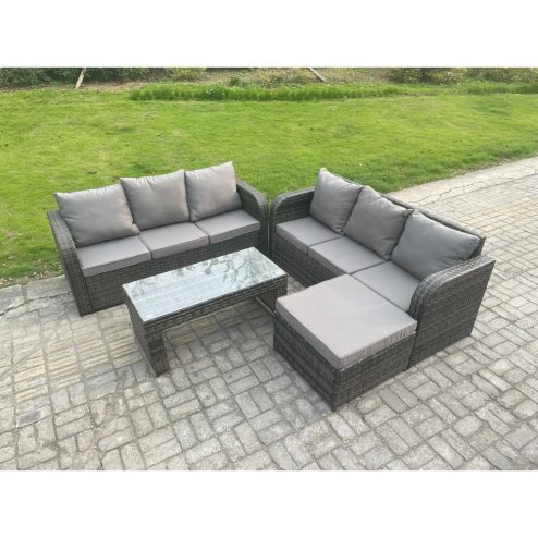 Fimous Outdoor Lounge Sofa Set Rattan Garden Furniture Set with Rectangular Coffee Table Big Footstool 3 Seater Sofa Dark Grey Mixed