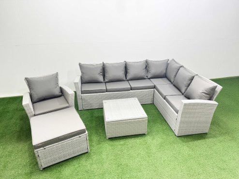 Fimous Rattan Garden Outdoor Furniture Set 8 Seater Rattan Garden Sofa Set with Armchair Big Footstool Light Grey Mixed
