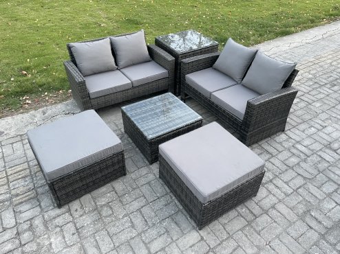 Fimous 6 Seater Rattan Outdoor Garden Furniture Sofa Set with 2 Big Footstool Side Table Dark Grey Mixed