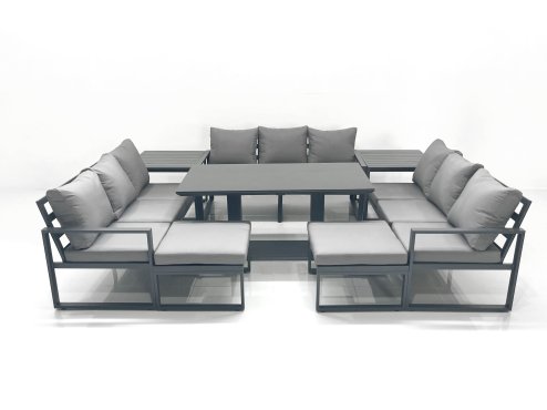 Fimous 11 Seater Garden Sofa Set Aluminium Furniture Rising Dining Tabe Set with 2 Side Tables 2 Big Footstools Dark Grey