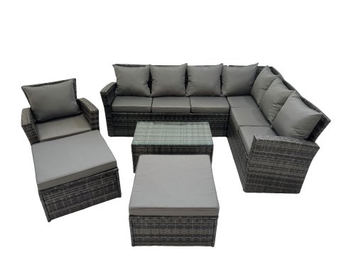 Fimous Rattan Garden Outdoor Furniture Set 9 Seater Garden Sofa Coffee Table Set with Chair 2 Big Footstools Dark Grey Mixed