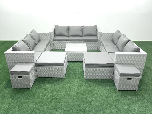 Fimous Rattan Garden Outdoor Furniture Set 13 Seater Rattan Garden Sofa Set with 4 Footstools Light Grey Mixed
