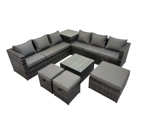Fimous 9 Seater Garden Outdoor Rattan Furniture Set Patio Corner Sofa Coffee Table with 3 Stools Dark Grey