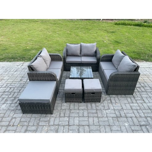 Fimous 9 Seater Outdoor Garden Furniture Sets Wicker Rattan Furniture Sofa Sets with Square Coffee Table Love seat Sofa 3 Footstools