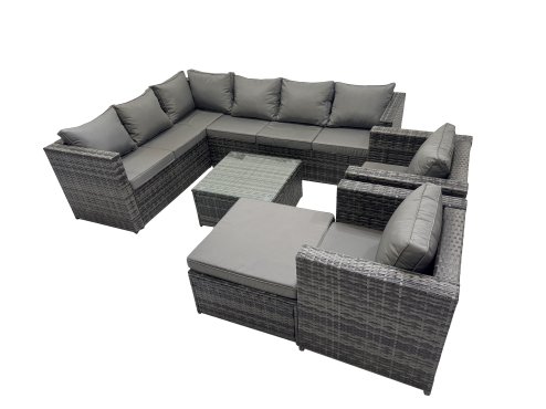 Fimous Rattan Garden Furniture Patio Furniture Sets with Corner Sofa Square Coffee Table Big Stool Dark Grey Mixed