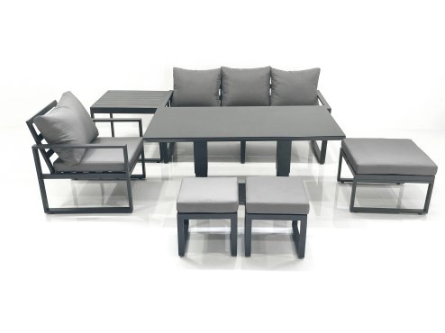 Fimous 7 Seater Garden Sofa Set Aluminium Furniture Rising Dining Tabe Set with Chair 3 Footstool Side Table Dark Grey