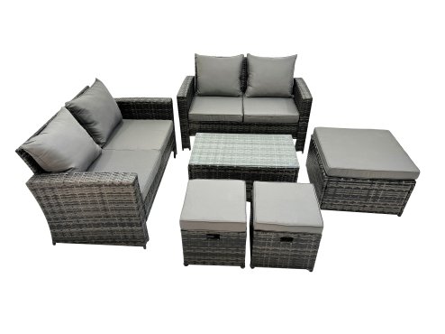 Fimous PE Rattan Garden Furniture Set Lounge Double Seat Sofa Coffee Table Set with 3 Stools Dark Grey MixedMixed