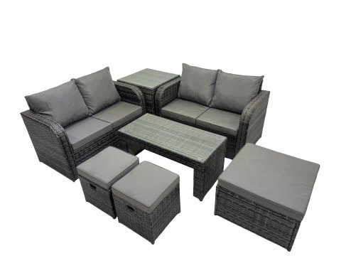 Fimous 3 Seater Sofa Reclining Chair Coffee Table Set Rattan Garden Outdoor Furniture Set with Side Table 3 Stools Dark Grey Mixed