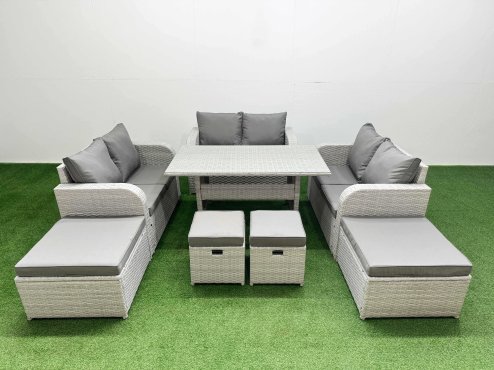 Fimous PE Rattan Lounge Sofa Set 10 Seater Outdoor Garden Furniture Set with Dining Table Love Sofa 2 Big Footstools 2 Small Stool Light Grey