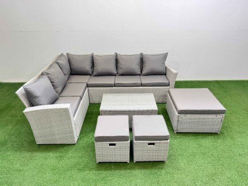 Fimous 9 Seater Garden Outdoor PE Rattan Furniture Set Rattan Garden Sofa Set with Oblong Coffee Table Light Grey Mixed