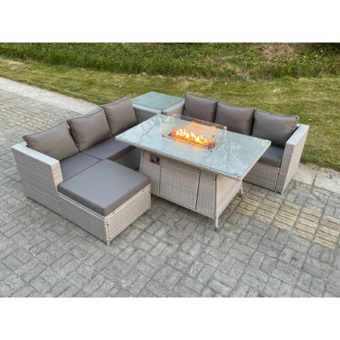 Fimous Light Grey Corner Rattan Fire Pit Garden Furniture Set Gas Heater Burner Lounge Sofa With Side Coffee Table Big Footstool