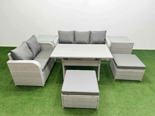 Fimous 7 Seater PE Rattan Wicker Garden Furniture Patio Conservatory Sofa Set with Rectangular Dining Table 3 Seater Sofa Love Sofa 2 Big Footstool 2 Side Table