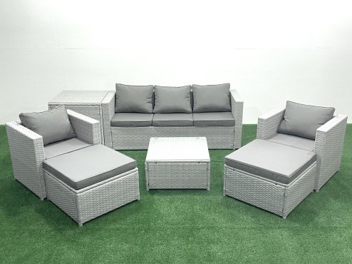 Fimous 7 Seater Rattan Garden Furniture Set with 3 Seater Sofa 2 Chair Square Coffee Table 2 Big Footstools Side Table Light Grey Mixed