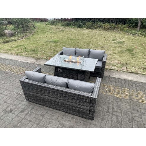 Fimous 6 Seater Outdoor PE Rattan Garden Furniture Gas Fire Pit Dining Table Set Lounge Sofa Three Seater Sofa Dark Grey Mixed Patio