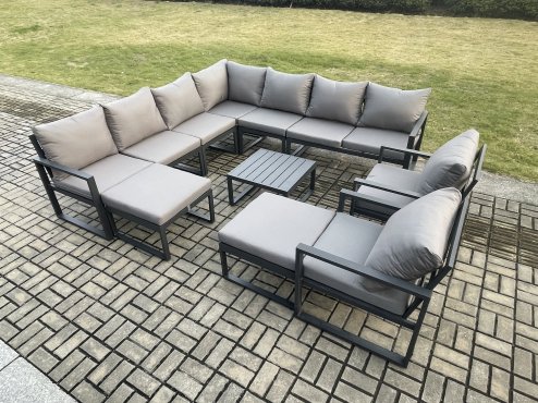 Fimous Aluminium Outdoor Garden Furniture Set Lounge Corner Sofa 2 Pcs Chair Square Coffee Table Sets with 2 Big Footstools Dark Grey