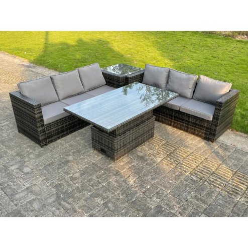 Fimous 6 Seater?Outdoor Rattan Sofa Set Adjustable Rising Lifting Dining Table Side Tea Coffee Table Dark Grey Mixed