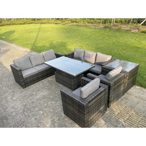 Fimous 8 Seater?Outdoor Rattan Garden Furniture Adjustable Rising Lifting Table Chairs Dark Grey Mixed