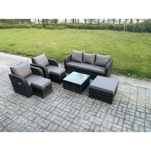 Fimous Garden Furniture Sets Wicker Rattan Furniture Patio Sofa Sets with Reclining Chair 3 Seater Sofa 3 Footstools Dark Grey Mixed