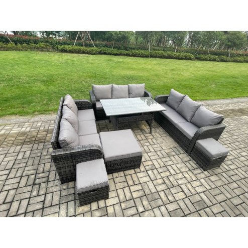 Fimous Patio Rattan Garden Furniture Set with Oblong Rectangular Dining Table 3 Footstools 12 Seater Outdoor Lounge Sofa Set Dark Grey Mixed