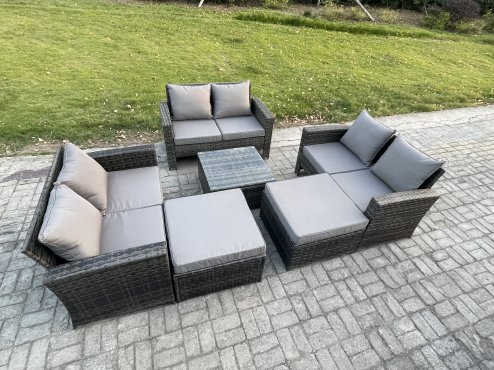 Fimous 8 Seater Outdoor Rattan Garden Furniture Set Conservatory Patio Sofa Coffee Table Set with 2 Big Footstool Dark Grey Mixed
