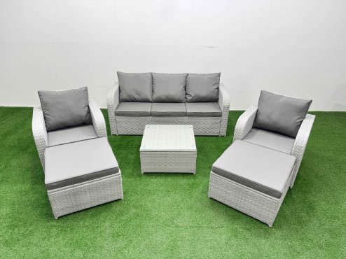 Fimous PE Rattan Garden Furniture Set Reclining Chair Sofa Lounge Sofa Set Square Coffee Table 2 Big Footstool Light Grey