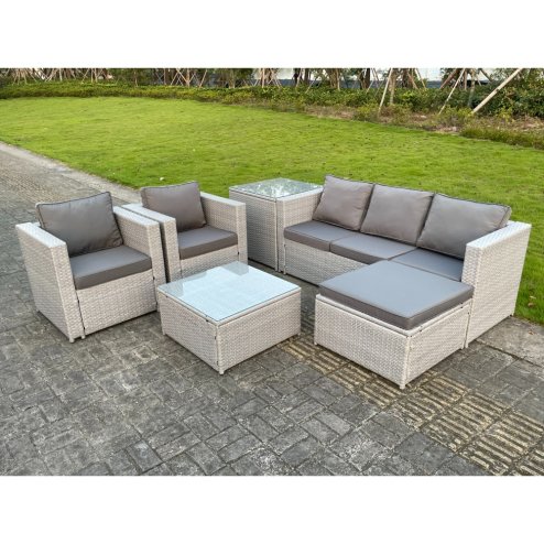 Fimous 6 Seat Light Grey Lounge Outdoor PE Rattan Garden Furniture Set Wicker Sofa Set Square Coffee Table Armchair