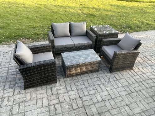 Fimous Outdoor Lounge Sofa Set Wicker PE Rattan Garden Furniture Set with Rectangular Coffee Table Double Seat Sofa Side Table Dark Grey Mixed