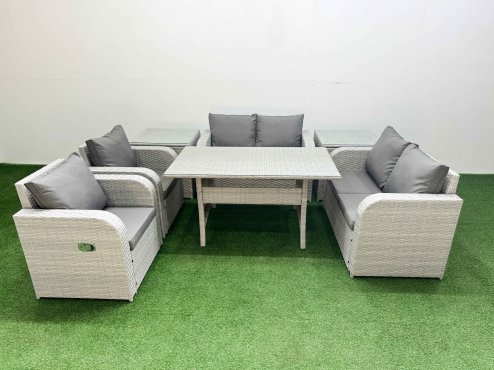 Fimous 6 Seater Outdoor Reclining Chair Love Sofa Set Rattan Garden Furniture Set with Rectangular Dining Table 2 Side Tables Light Grey