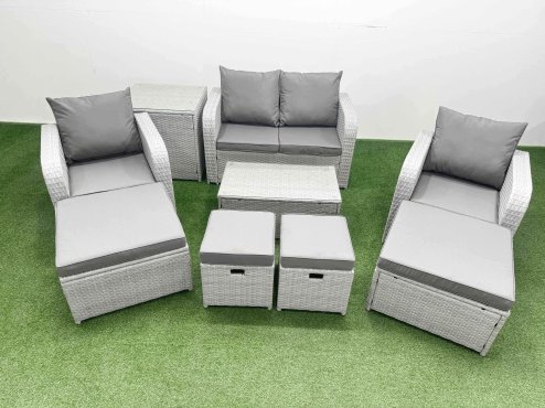 Fimous 9 PCs Rectangular Coffee Table Set Reclining Chair Inclining Sofa Seat Side Table 2 Big Footstool Light Grey
