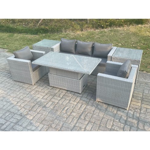 Fimous Rattan Garden Funiture Set Adjustable Rising Lifting Table Sofa Dining Set With 2 Arm Chair 2 Side Table