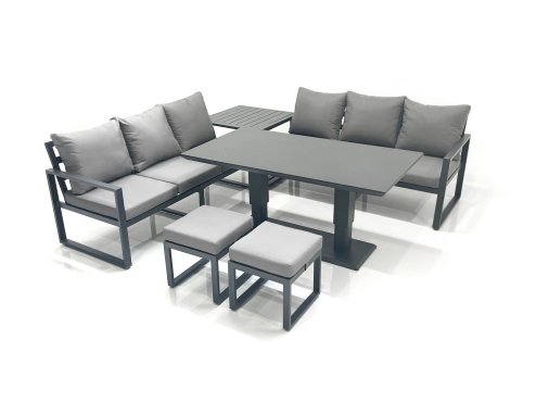 Fimous 8 Seater Aluminium Outdoor Garden Furniture Set with Adjustable Rising Lifting Dining Table 3 Seater Sofa 2 Small Footstool Side Table Dark Grey