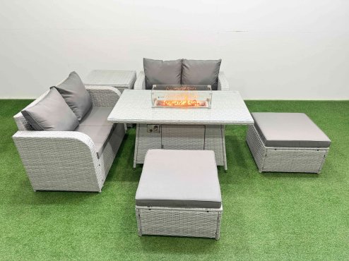 Fimous 6 Seater Outdoor Love Sofa Set Rattan Garden Furniture Set with Firepit Dining Table 2 Footstool Side Table Light Grey